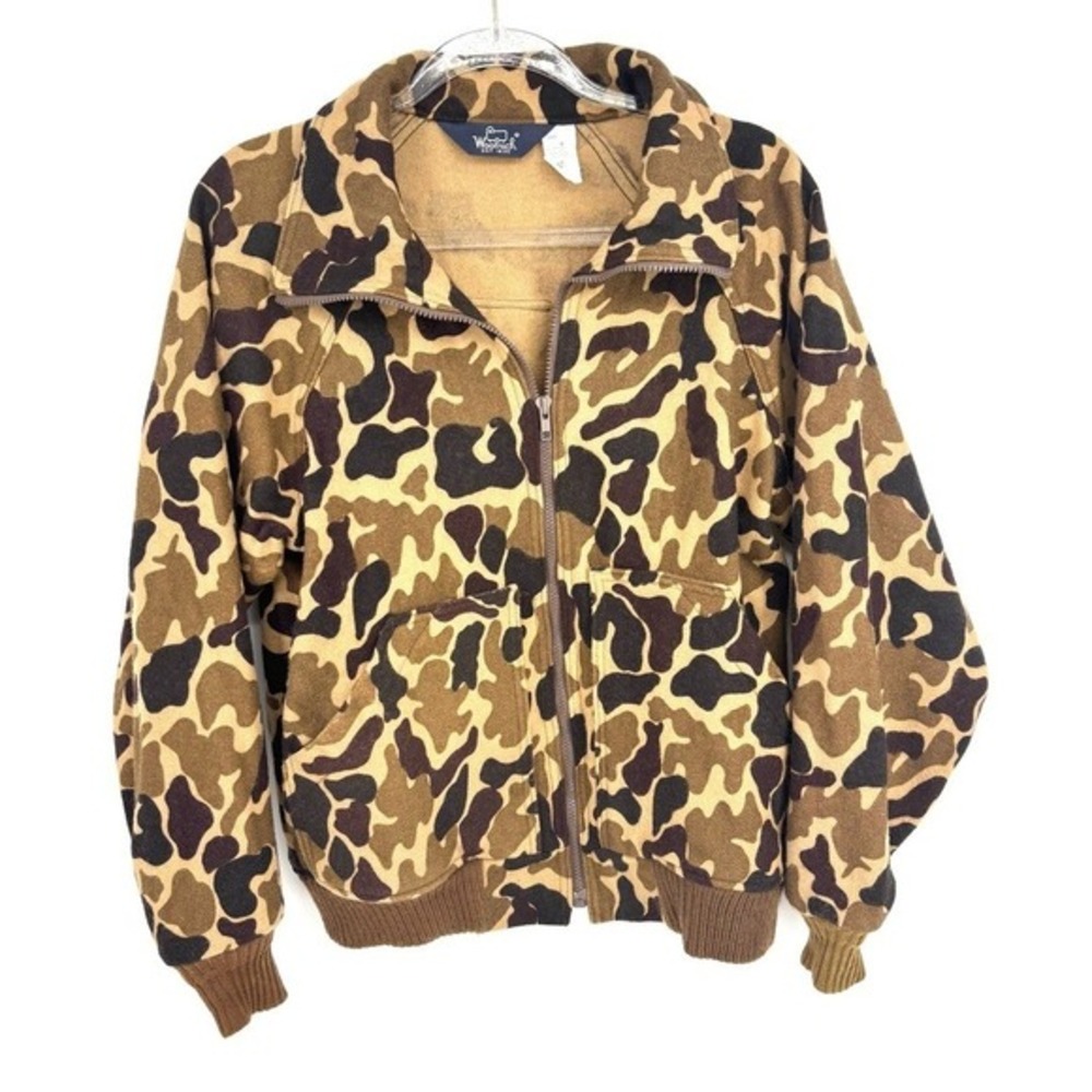 Vintage Woolrich Wool Camo Bomber‎ Jacket Size Medium Zip Up Camping Outdoor